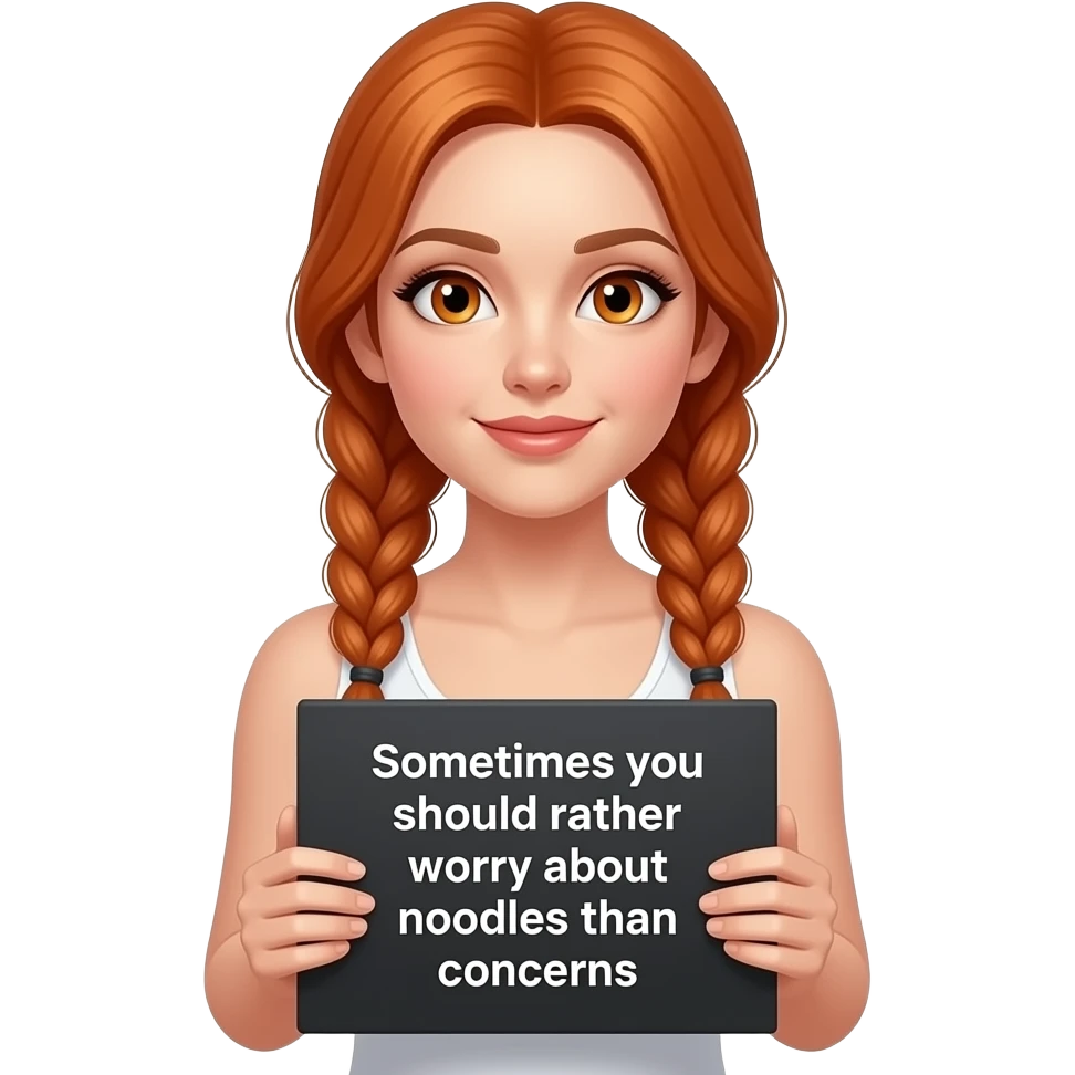 sexy girl with long ginger braids and ginger eyes wearing a white tanktop is holding a black sign with MANCHMAL sollte man sich LIEBER NUDELN als Sorgen machen written on it emoji