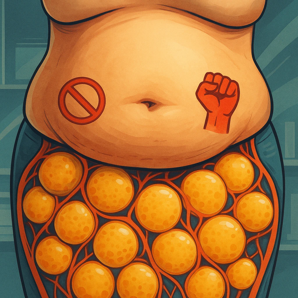 realistic belly with stubborn adipocytes, modern illustrative style, vivid colors, educational atmosphere, resistance symbols emoji