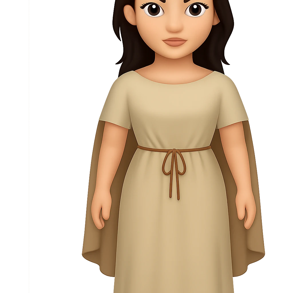 Create a fullbody view of a character in the style and proportions of the reference image. The character should wear a plain light tan dress, have dark hair, and wear a light tan cape like in the reference image. The style is emoji style with a transparent background. emoji