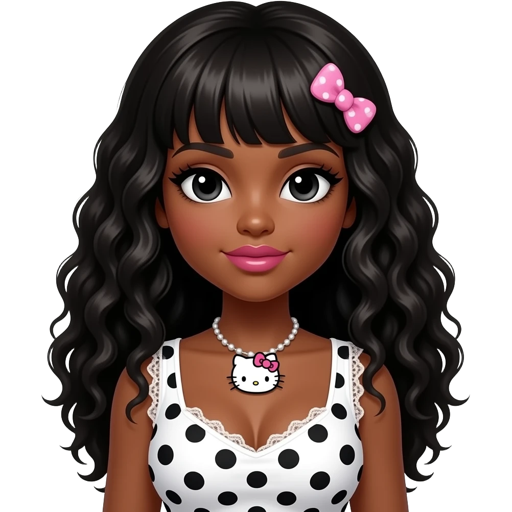 black girl, pink lips, my melody hairclip, dark brown skin, Doll faced shaped, hello kitty necklace, bimbo, black doll eyes, Big lips, long curly black hair, with white or black lace pink polka dots with gyaru sleeveless shirt, with big breast emoji