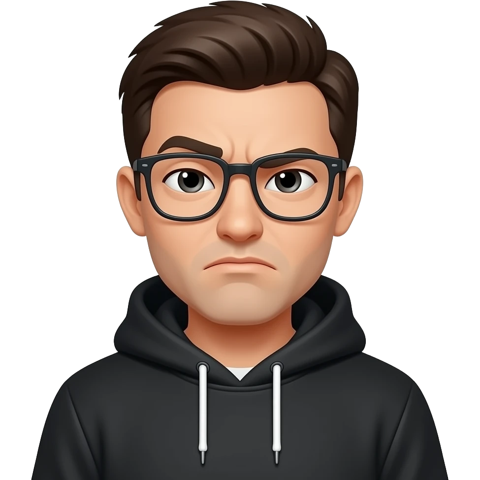 Black sweatshirt. Squinting both eyes with glasses and a frowning face. emoji
