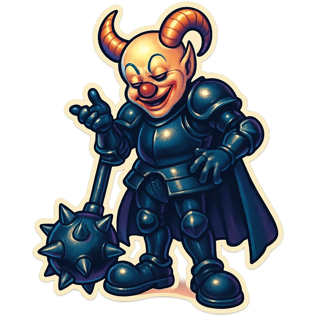 A relaxed but evil armored clown with no hair, ram horns pointing up, glossy black on matte black armor, short cape, large black clown shoes, leaning on his oversized spiked mace with one hand, the other hand gesturing as if taunting, eyes barely open, sinister expression, vibrant retro stickers style, no yellow aged tint, full body, transparent background, reference images included emoji