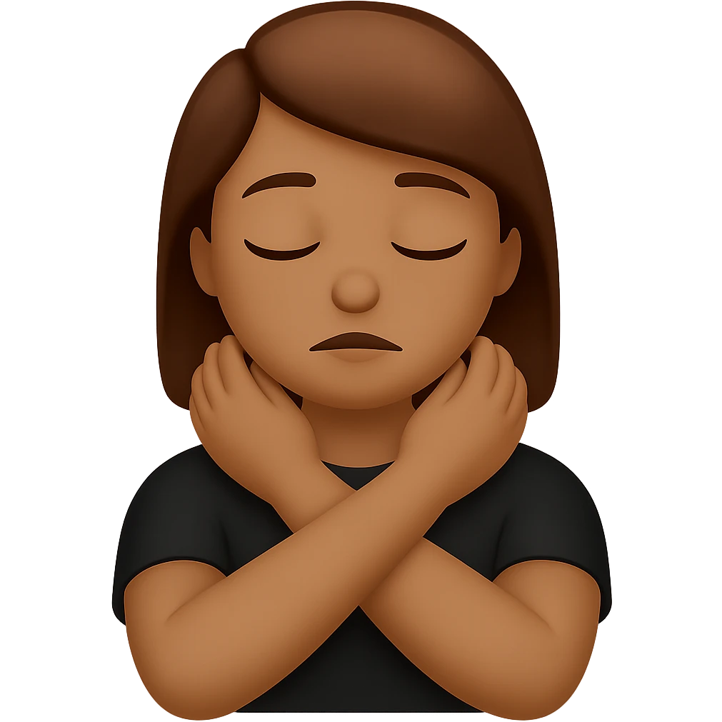 Change hair to brunette, keep arms crossed holding neck, eyes closed, preserve transparent background. emoji