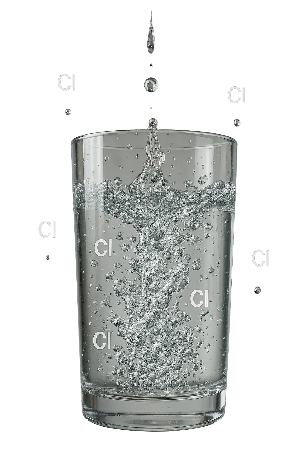 un bicchiere di acqua cade verticalmente dall'alto realistico e dettagliato, dentro l'acqua del bicchiere ci sono particelle di cloro ben visibili con la scritta "Cl" sopra, ci sono particelle anche che escono dal bicchiere e fluttuano in aria verticalmente, mentre alcune sono all'interno dell'acqua nel bicchiere, iperrealistico 4k emoji