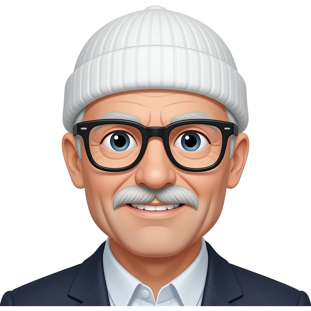 Older Man with black glasses with extra thick lens, not smiling. a moustache and bad  teeth, wearing a white beanie hat emoji