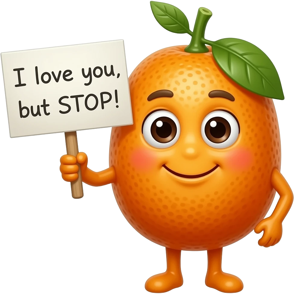 cheeky Kumquat holding sign saying “I love you, but STOP !” emoji