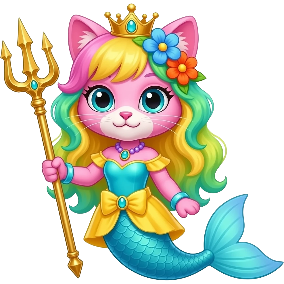 pink anthro cat  with pink and green and yellow hair blue flower orange flower golden crown with light purple necklace light cyan braclets cyan and pink and yellow dress with  attached to cyan  and light blue mermaid tail with dark blue fins holding a golden trident emoji