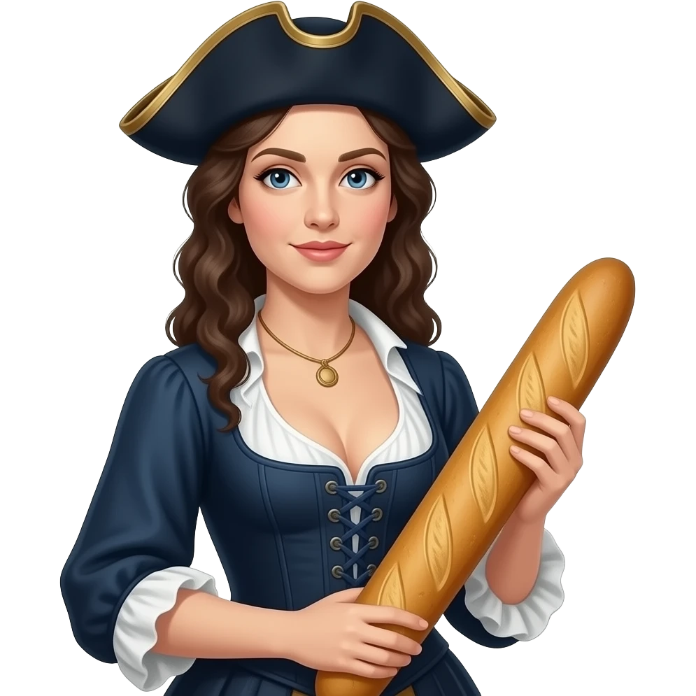 emblematic - wild historical French Mariana in a tight corset with a large open neckline, with a rebel Jacobin cap riding a narrow French bread emoji