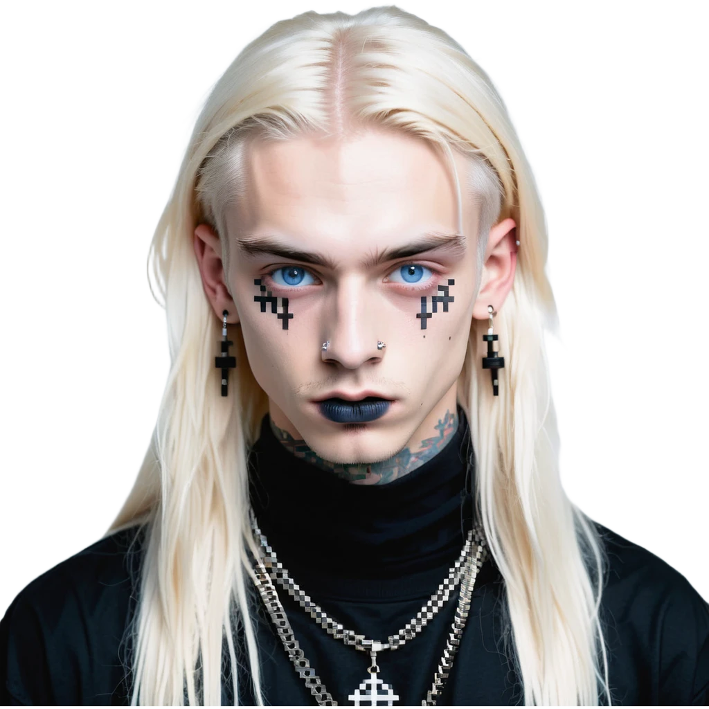 boy with long light blonde hair, dark blue eyes, multiple facial piercings (septum, nose bridge, anti eyebrow, eyebrow), wearing all black emoji