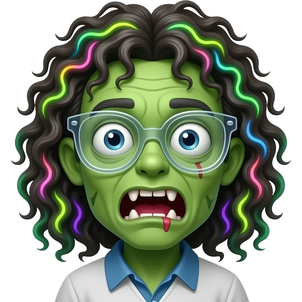 Crie um emoji de zumbi verde com um corte na boca com um óculos transparente cabelo cacheado com luzes emoji