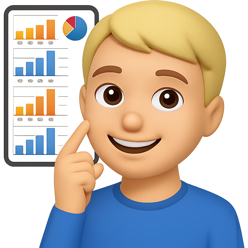 Person thinking with graphs in the background, smiling, in apple emoji style with a pink background. emoji
