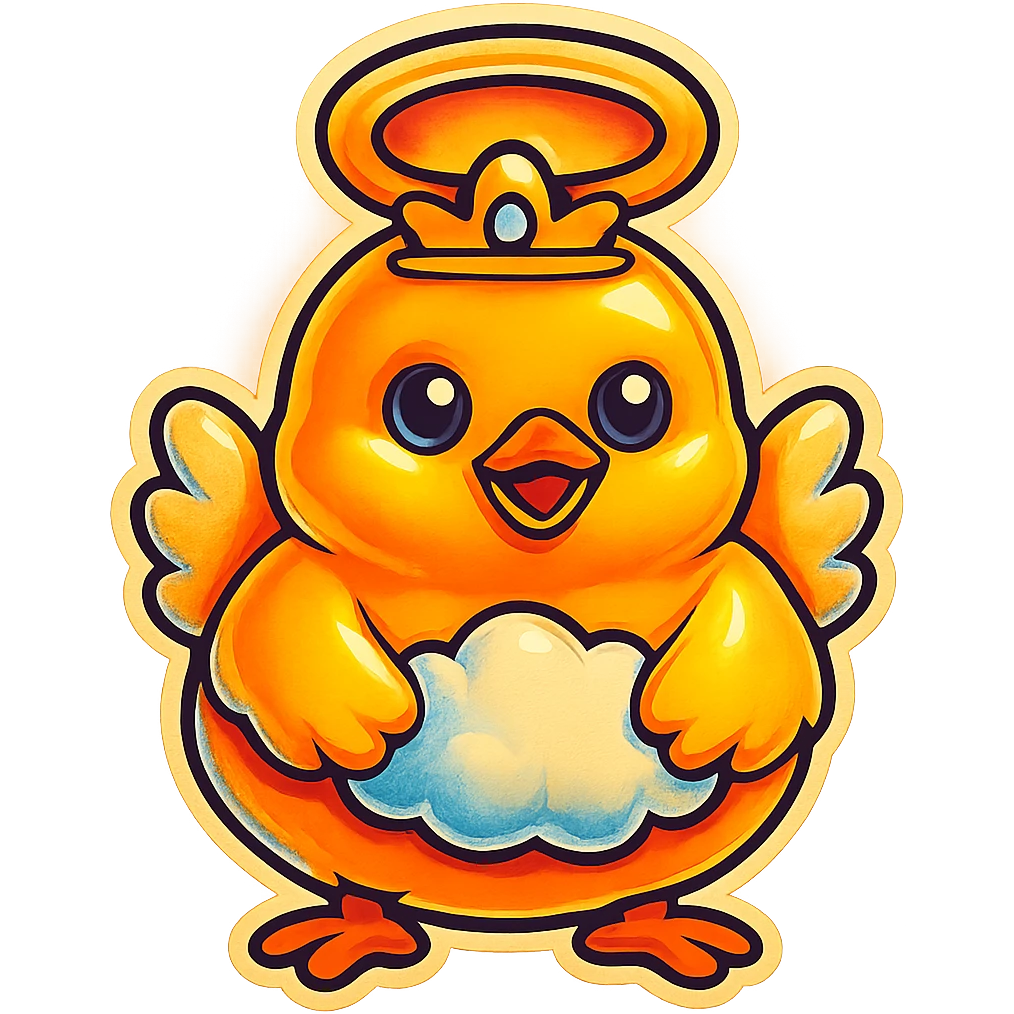 Make the halo much bigger and floating high above the baby chick's head, like a saint, keep the style and transparent background. emoji