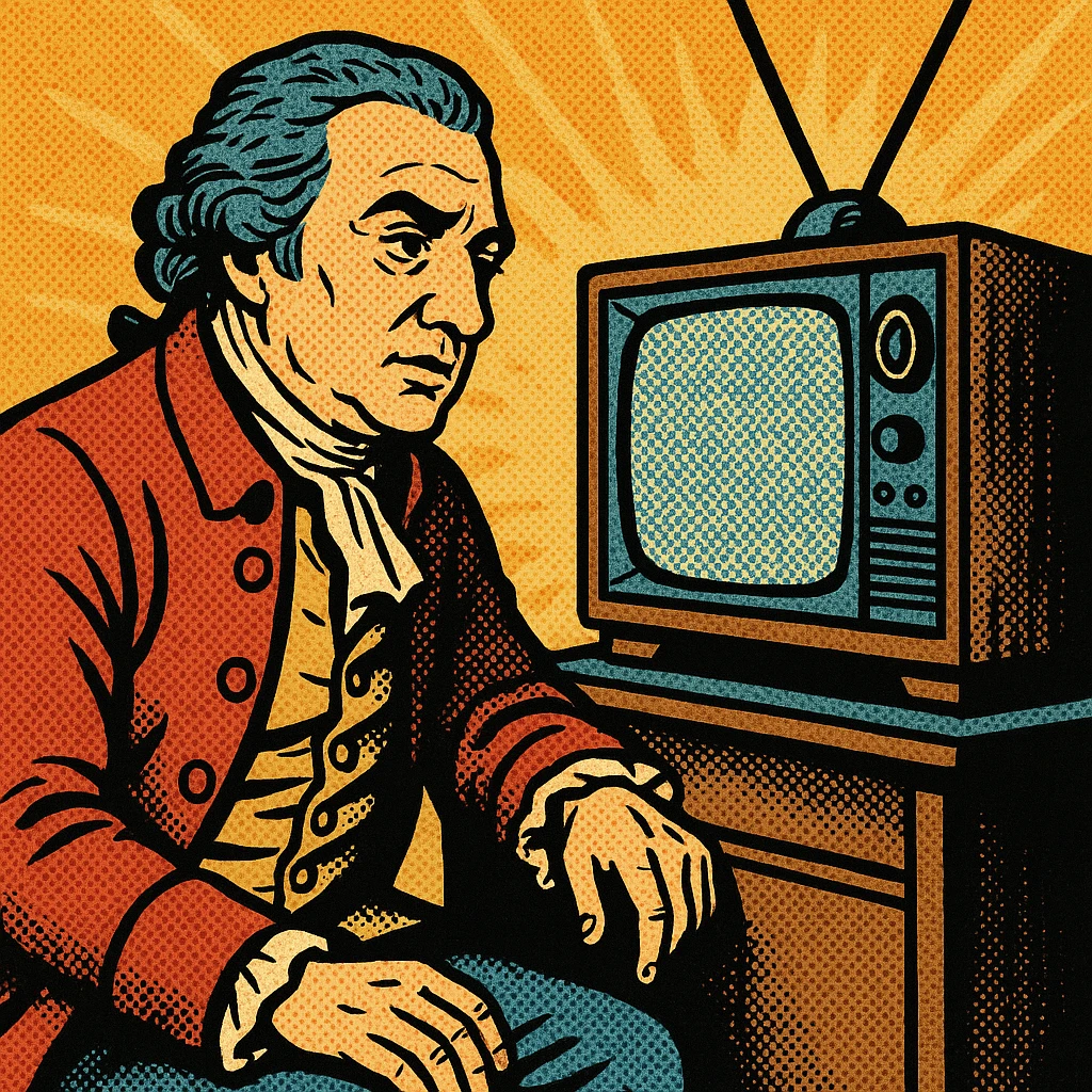 A picture of 1700s surgeon john hunter watching an old 1980s TV set emoji