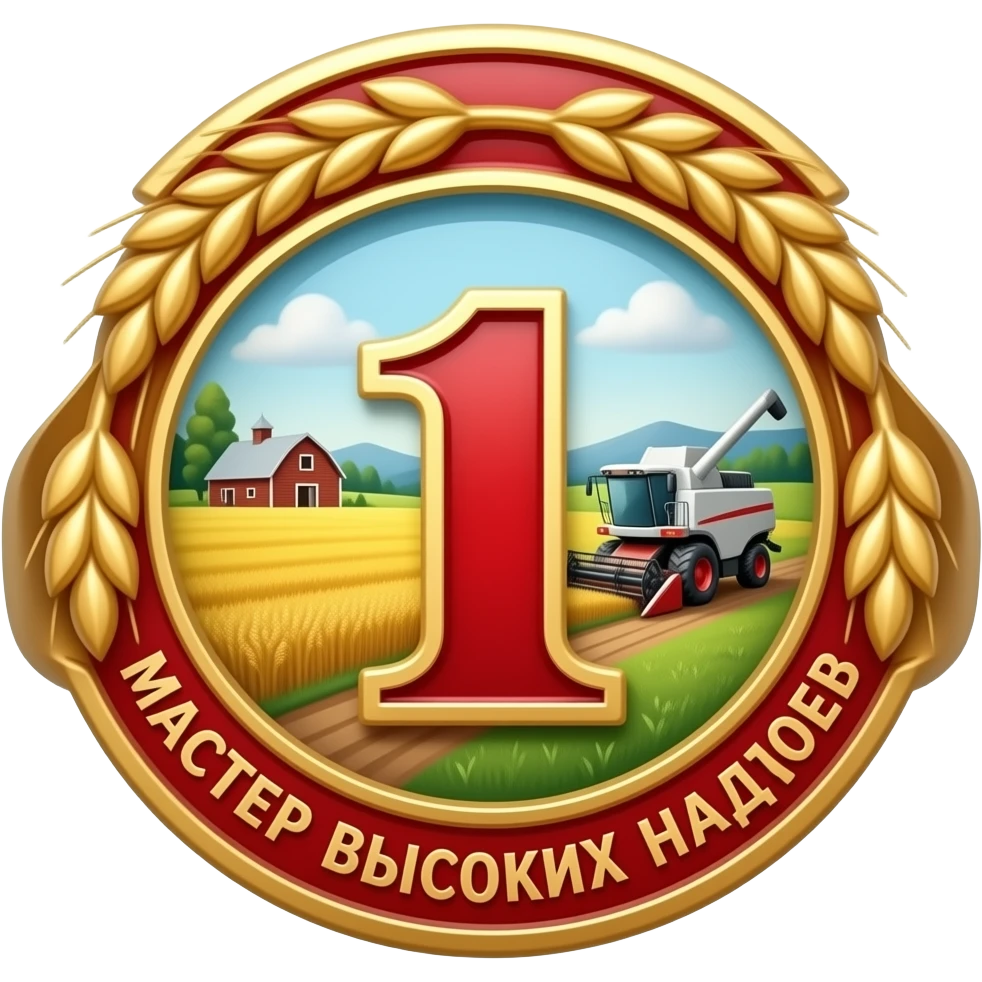Top: red enamel bar with gold wheat. Lower gold ring: detailed landscape with fields, barn, combine harvester. Foreground dominates: large red-framed golden '1' and distinct Russian text: 'МАСТЕР ВЫСОКИХ НАДОЕВ'. Clean render. emoji