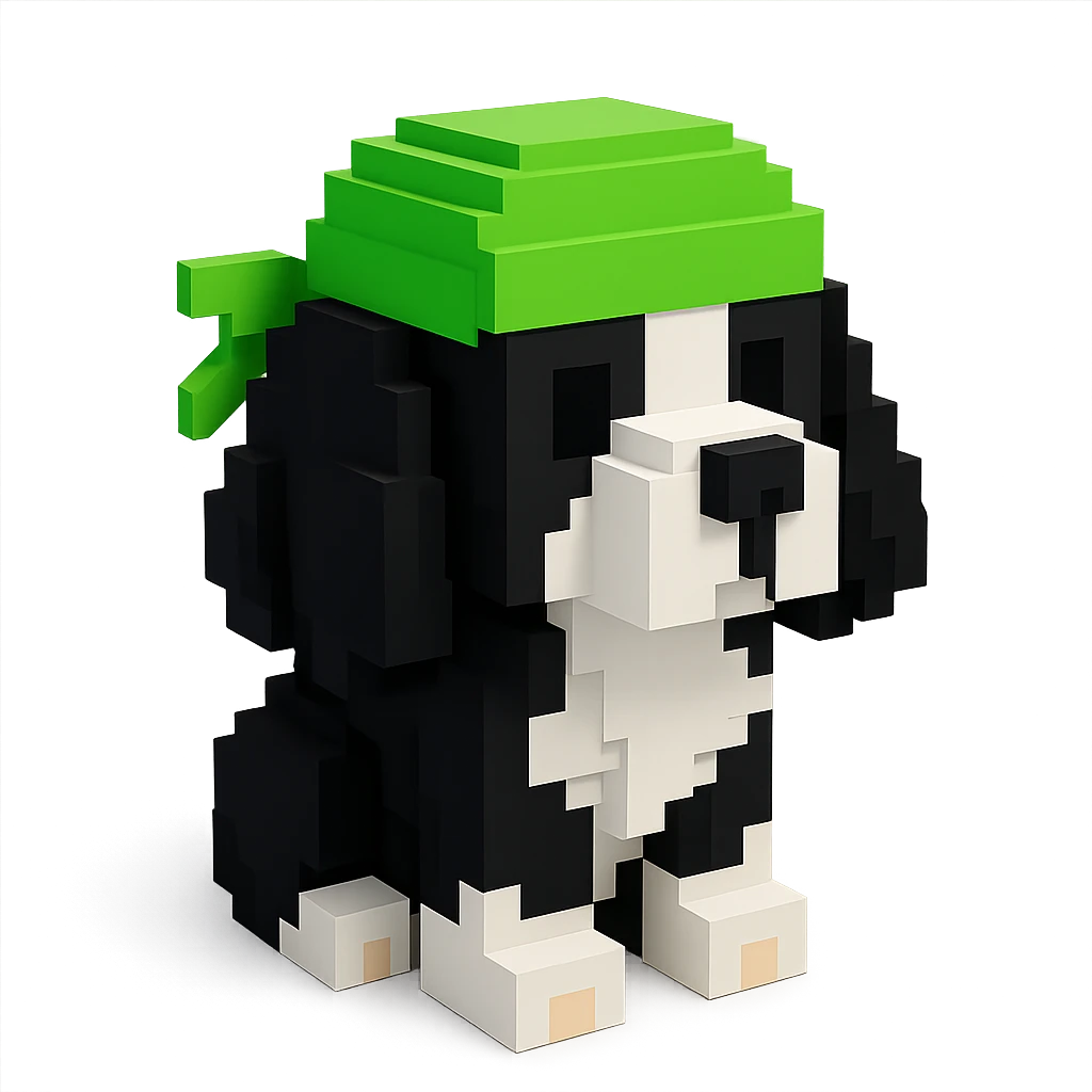 A black and white Russian Cocker Spaniel puppy wearing a green durag, voxel style, sitting emoji