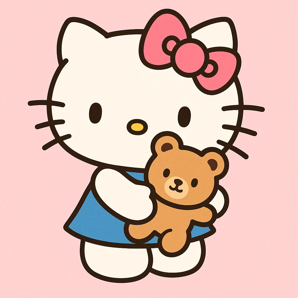 Hello Kitty holding a small teddy bear, pastel colors, kawaii style, light pink background emoji