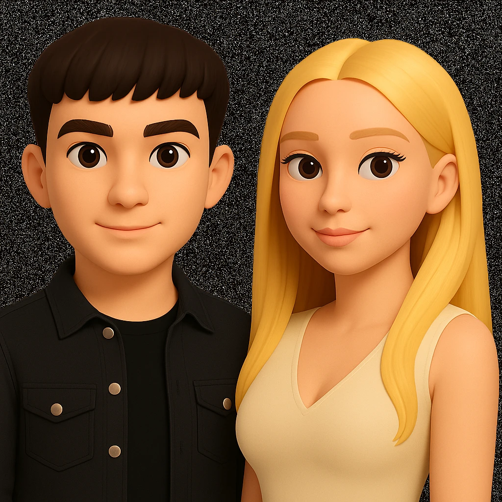 Slightly increase the volume of the upper body of the girl, separate the girl and the boy from each other, and make the skin color the same for both. Preserve the cartoonish 3D style in the edit. emoji