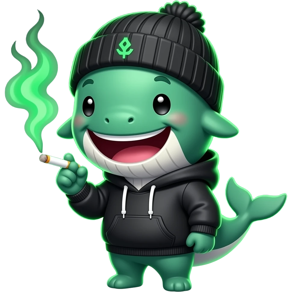 Cute Bullwhale character laughing 😂, green whale face with freckles, mischievous confident smile, cigarette with green smoke, black beanie and hoodie, simple cartoon style, bold outlines, expressive eyes, crypto meme vibe, dark background with neon green glow, highly expressive emoji style. emoji