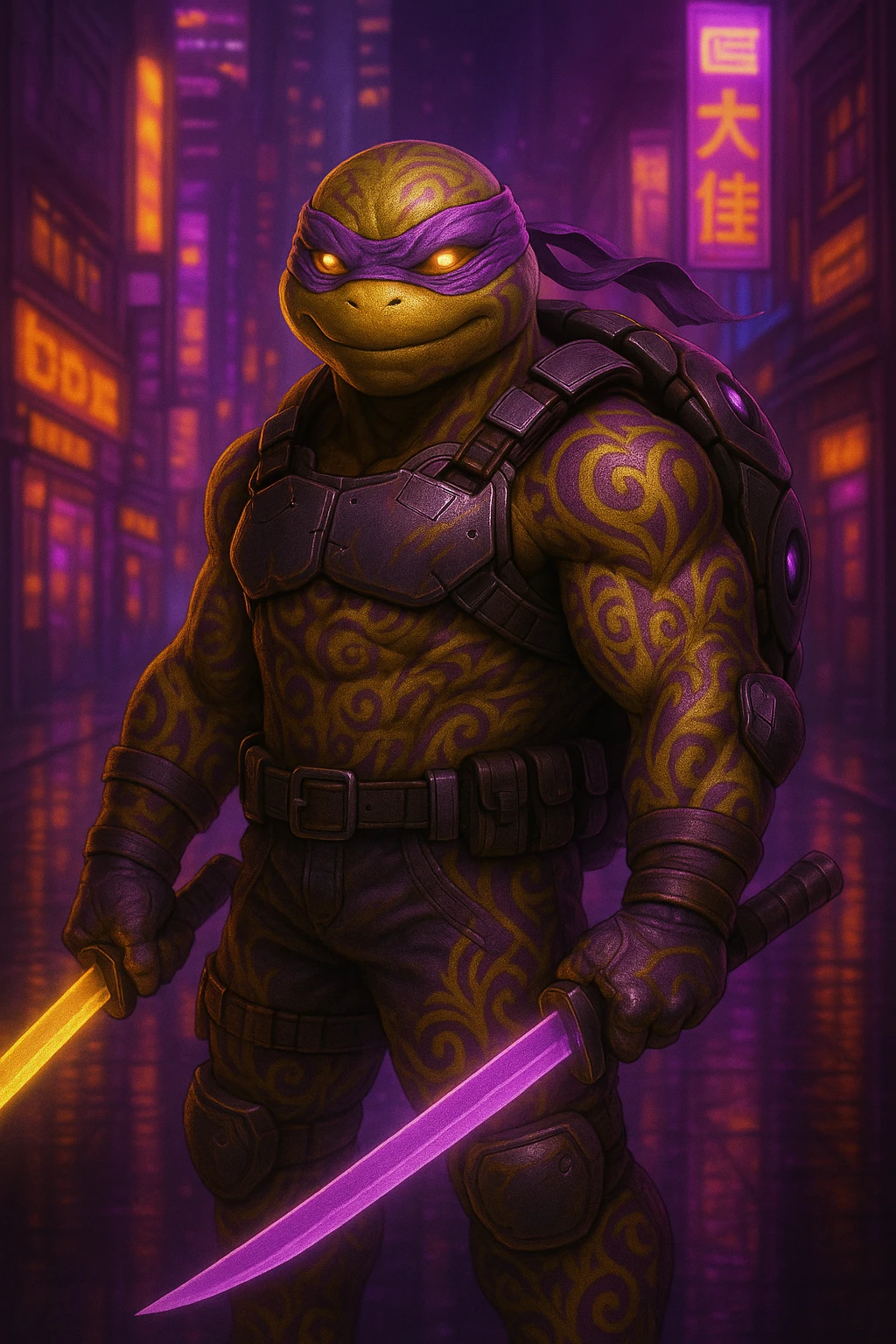 Change the color scheme to purple and gold while keeping the neon-lit dystopian city background vibrant. Ensure the character's tribal markings and tech details remain visible and clear in the image. emoji