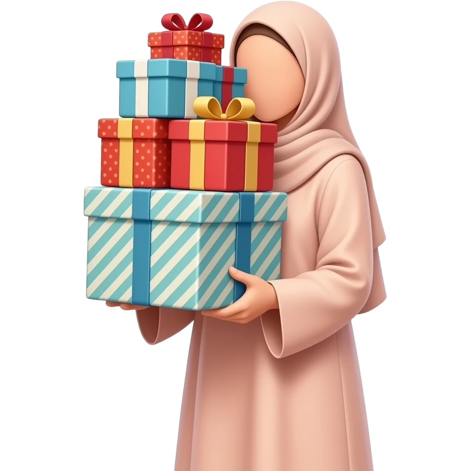 Muslim woman in a soft-colored abaya holding a huge stack of gift boxes, seen from the back. The gifts cover her face. Full body, cartoon sticker style, faceless. emoji