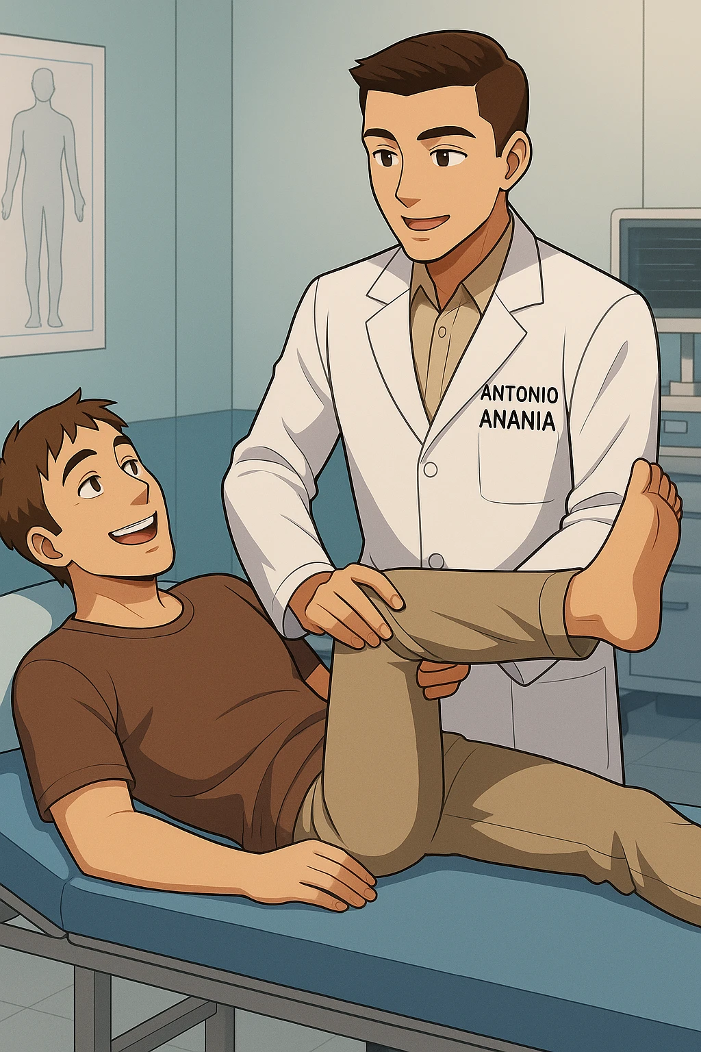 fai un webtoon manga a colori con questo stile, in cui un uomo è steso sul lettino medico e il kinesiologo con il camice bianco (fagli anche la scritta "ANTONIO ANANIA" SUL CAMICE, gli solleva una gamba per fargli il test neuromuscolare, IL KINESIOLOGO SPIEGA ALL'UOMO UNA cosa mentre gli alza la gamba. l'espressione dell'uomo è felice e soddisfatta, non fare i fumetti però, fai solo in modo che sembri stiano parlando, il lettino fai in modo che si veda tutto intero emoji