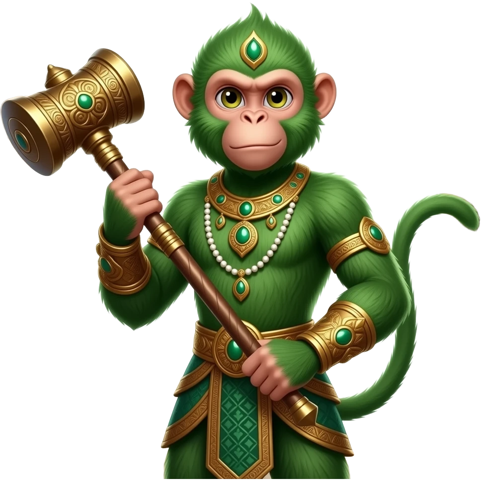 Angada, the green monkey warrior prince, standing arrogantly, holding a mace, intricate gold jewelry, defensive stance, aura of zone control, ancient jungle temple background. emoji