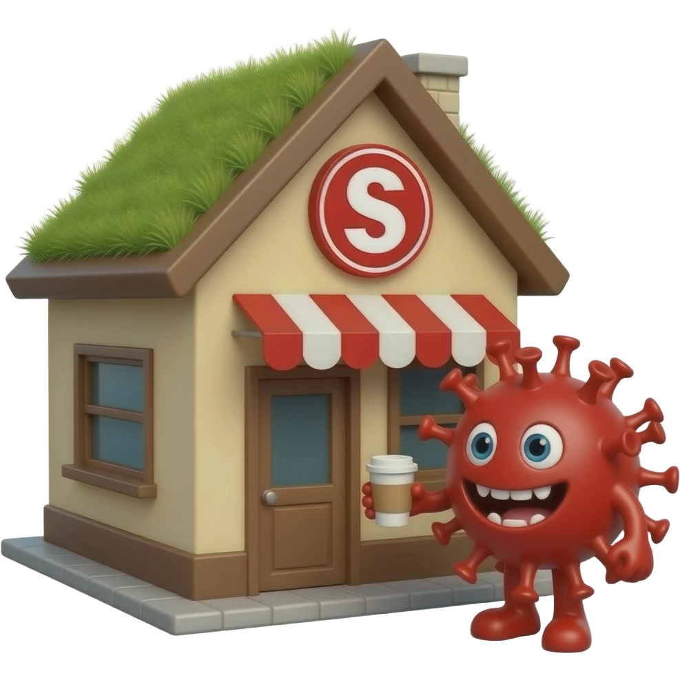 A coffee shop named "Scooters" with a pitched roof with grass growing on it. The logo is red, the building walls are tan and brown. A 3D COVID-19 virus with teeth is buying coffee.  emoji