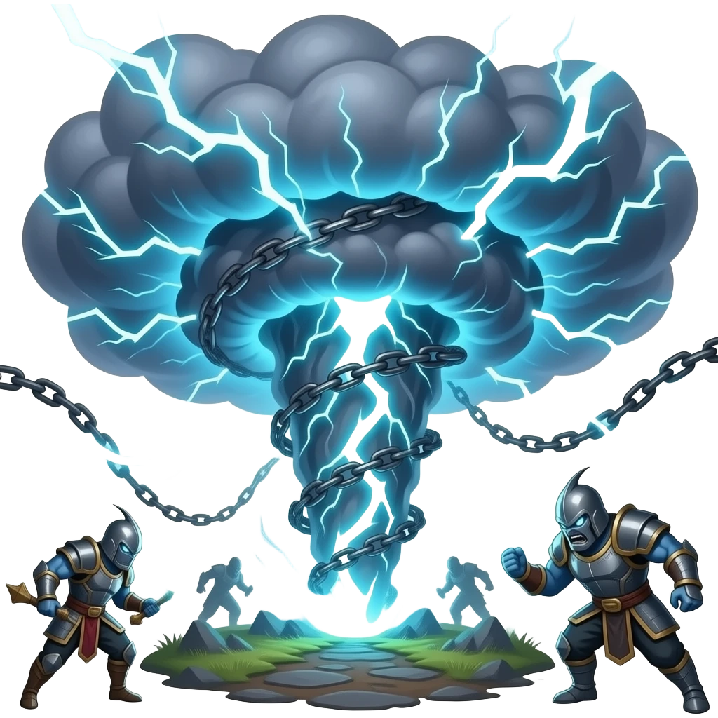 Chaos Storm Skill, a powerful storm vortex with multiple chain-lightning strikes jumping between enemies, massive electric chain reaction, dynamic composition, dramatic sky background, epic skill style. emoji