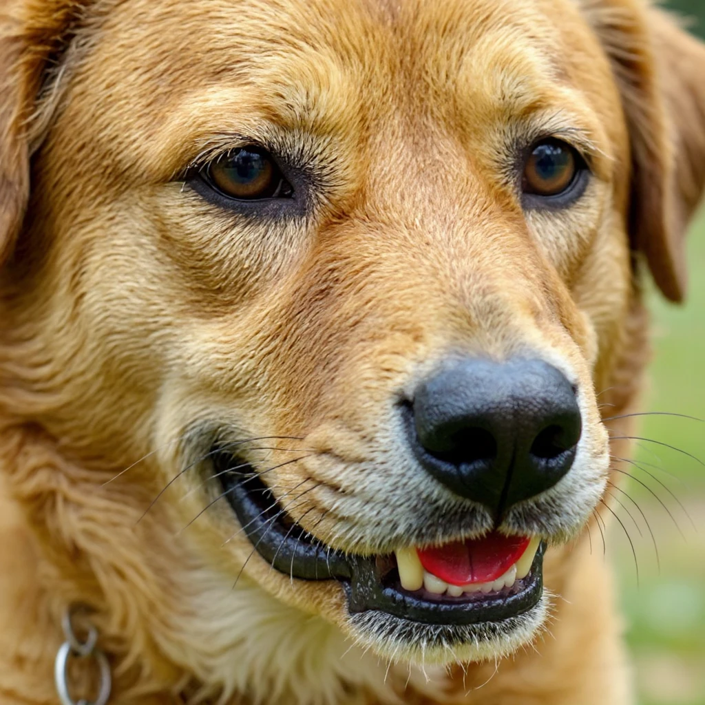 Add a bright red heart in the dog's mouth in a realistic style, keeping the background and lighting natural and consistent with the original photo. emoji