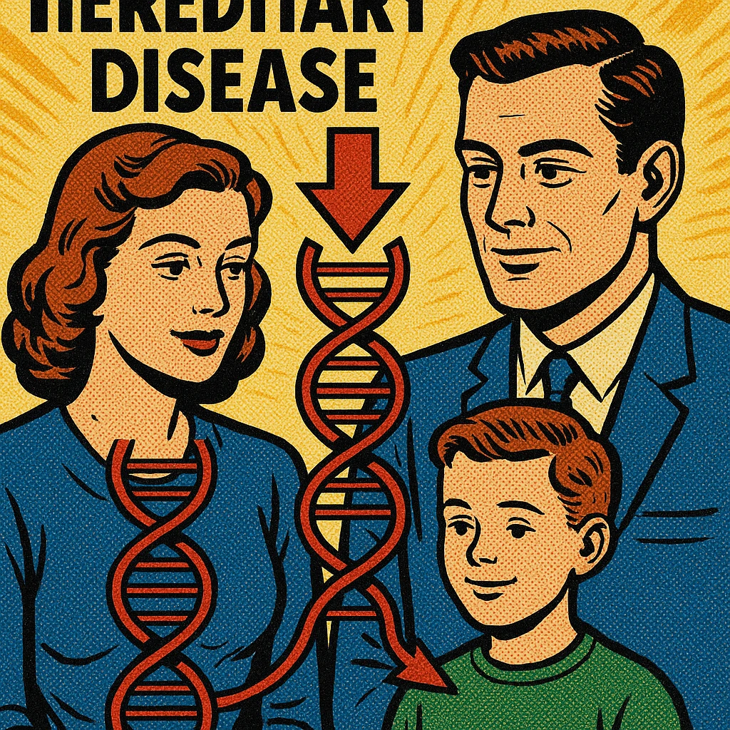 A poster showing how hereditary diseases are passed down through DNA from parents to their child all looking calm emoji