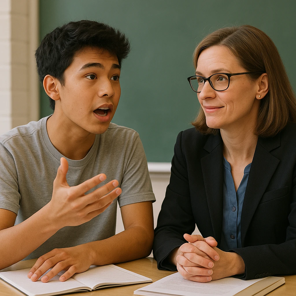 a student and teacher in conversation, with the student actively explaining or asking a question, highlighting verbalization emoji
