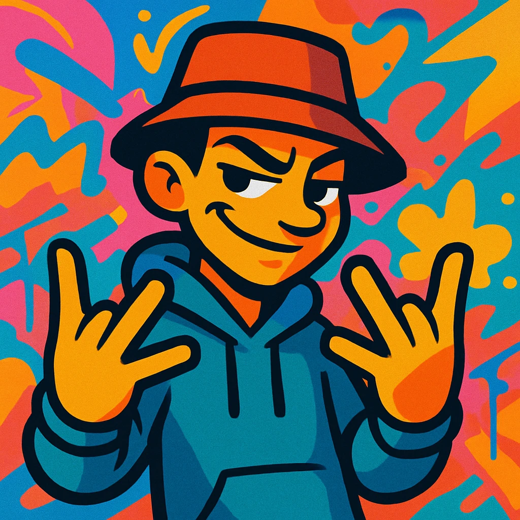 sly cartoon figure throwing up the YVL hand sign on both hands, graffiti-inspired, confident pose, colorful background emoji