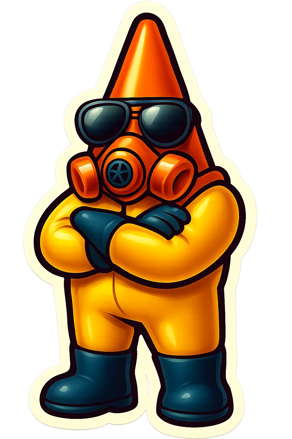 Create emoji-style variation of a pylon cone head character in a hazmat suit, with gloves and boots, standing with arms crossed. Transparent background. emoji