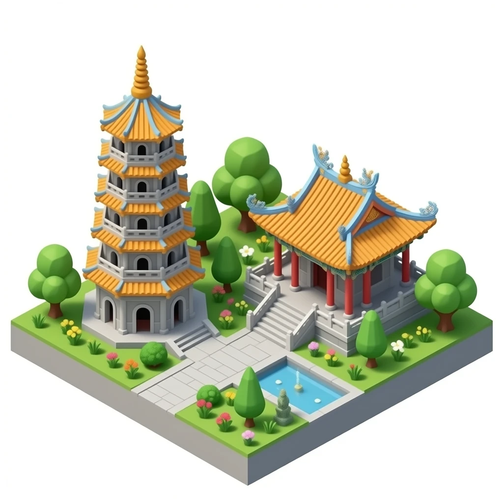 kaohsiung dragon pagoda and tiger pagoda 3d isometric miniature emoji