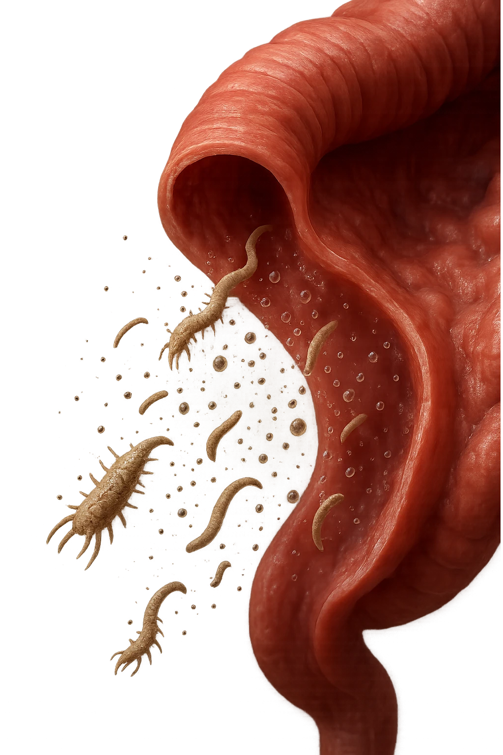 Realistic medical image of microscopic parasites leaving the intestines after taking natural kinesiological drops, symbolizing detox and cleansing. emoji