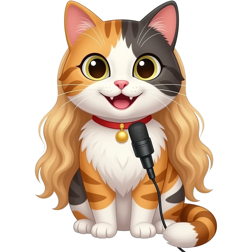 smiling extremely long-haired female calico cat podcaster emoji