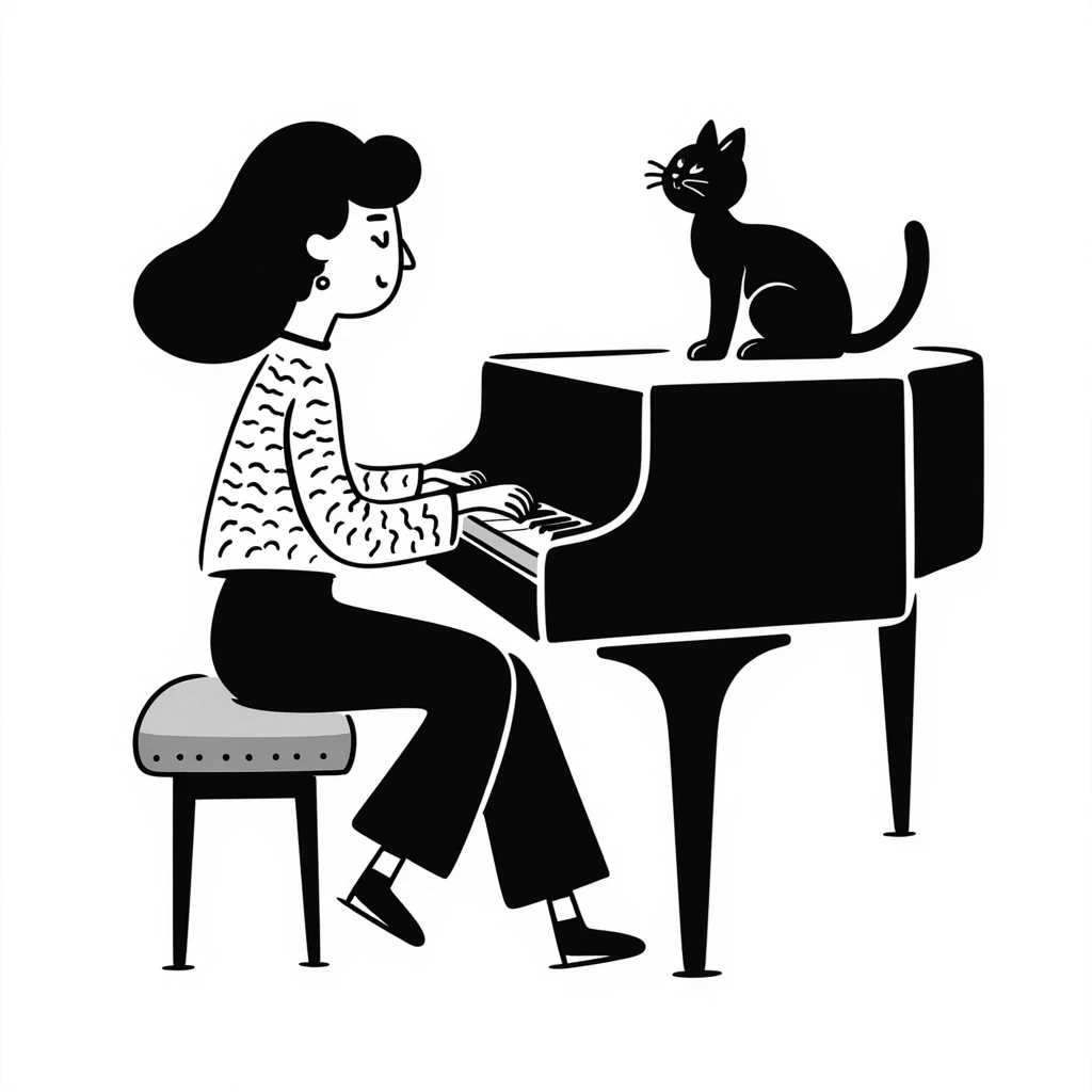 woman playing piano while her cat sits on top of the piano emoji