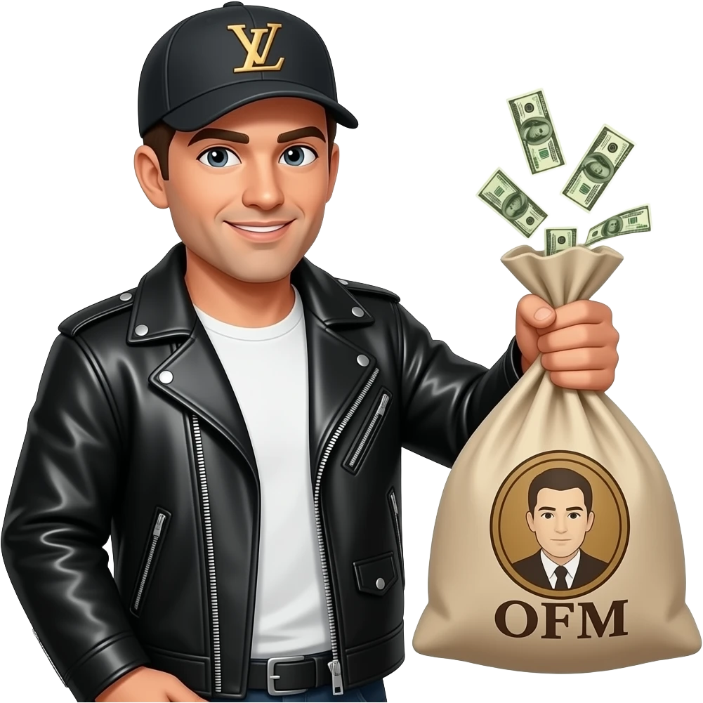 марень в кожаной куртке в кепке LV в руках сумка с нее выпирают деньги на сумке эмблемой OFM emoji