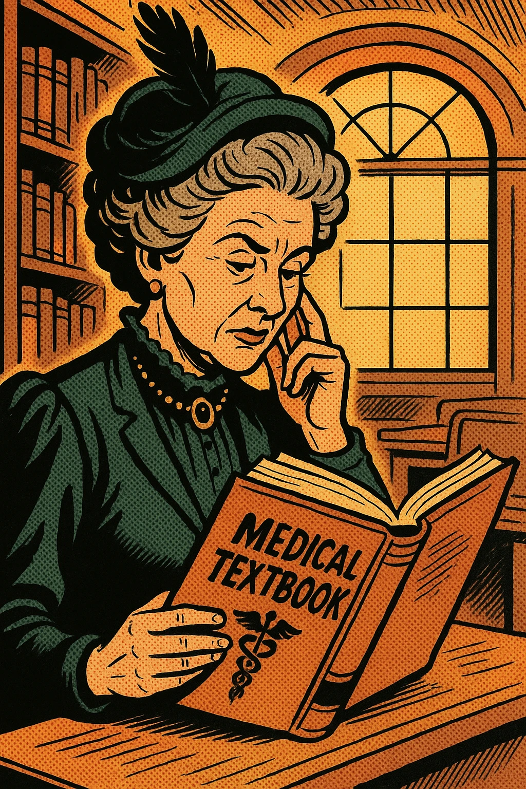 A wealthy victorian women in her 50s reading a medical text book in a university emoji