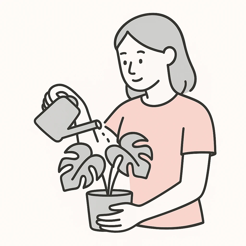 woman watering her monstera plant emoji