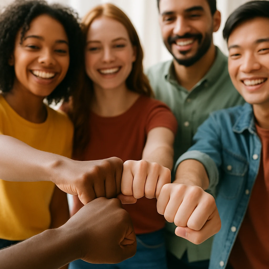 diverse group of friends making a fist bump, hands of different skin tones, unity and friendship emoji