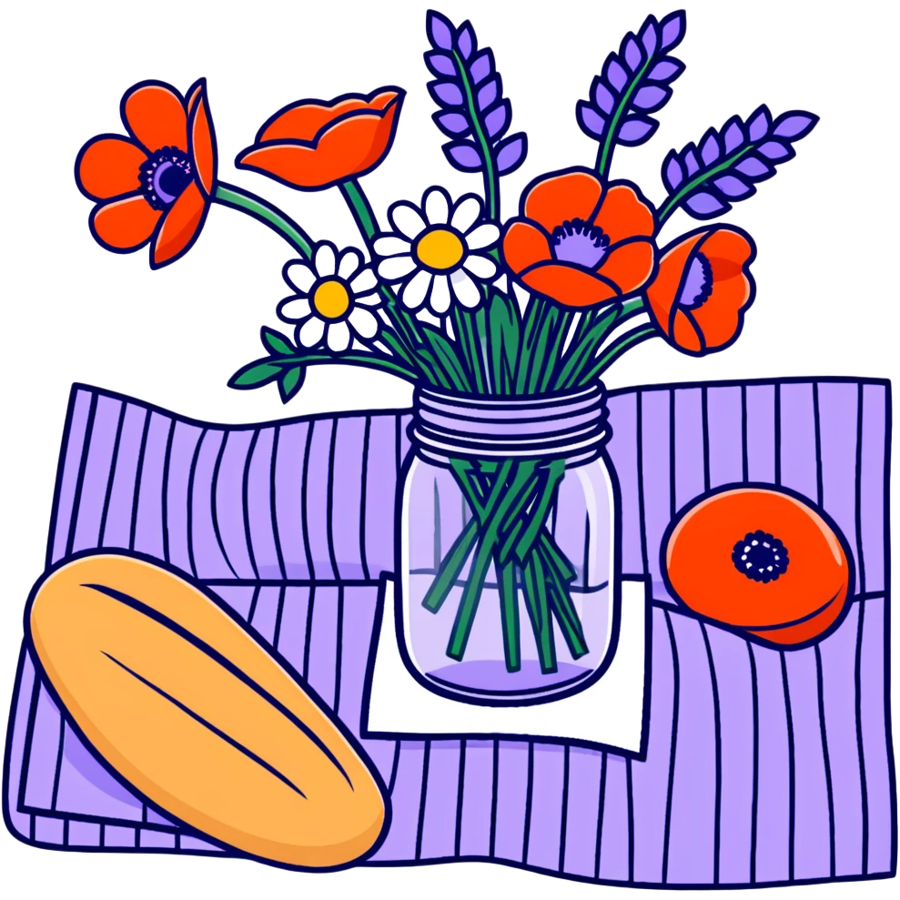 wildflower bouquet with daisies, poppies and lavender arranged in a mason jar on a picnic blanket with bread and fruit emoji