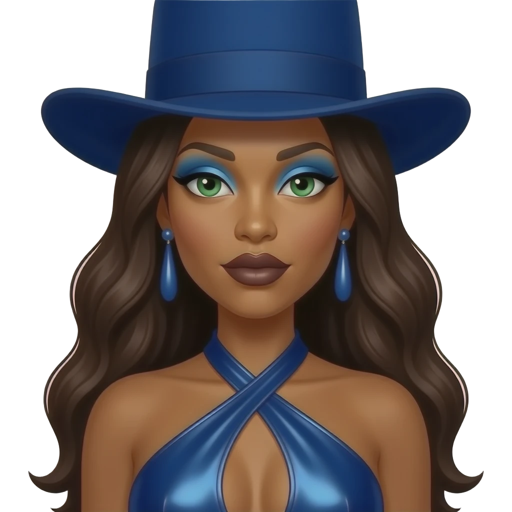 Erykah Badu with green eyes, long dark brown hair, blue tall hat, blue eyeshadow, dark brown lipstick, deep blue metallic halter dress, blue earrings emoji