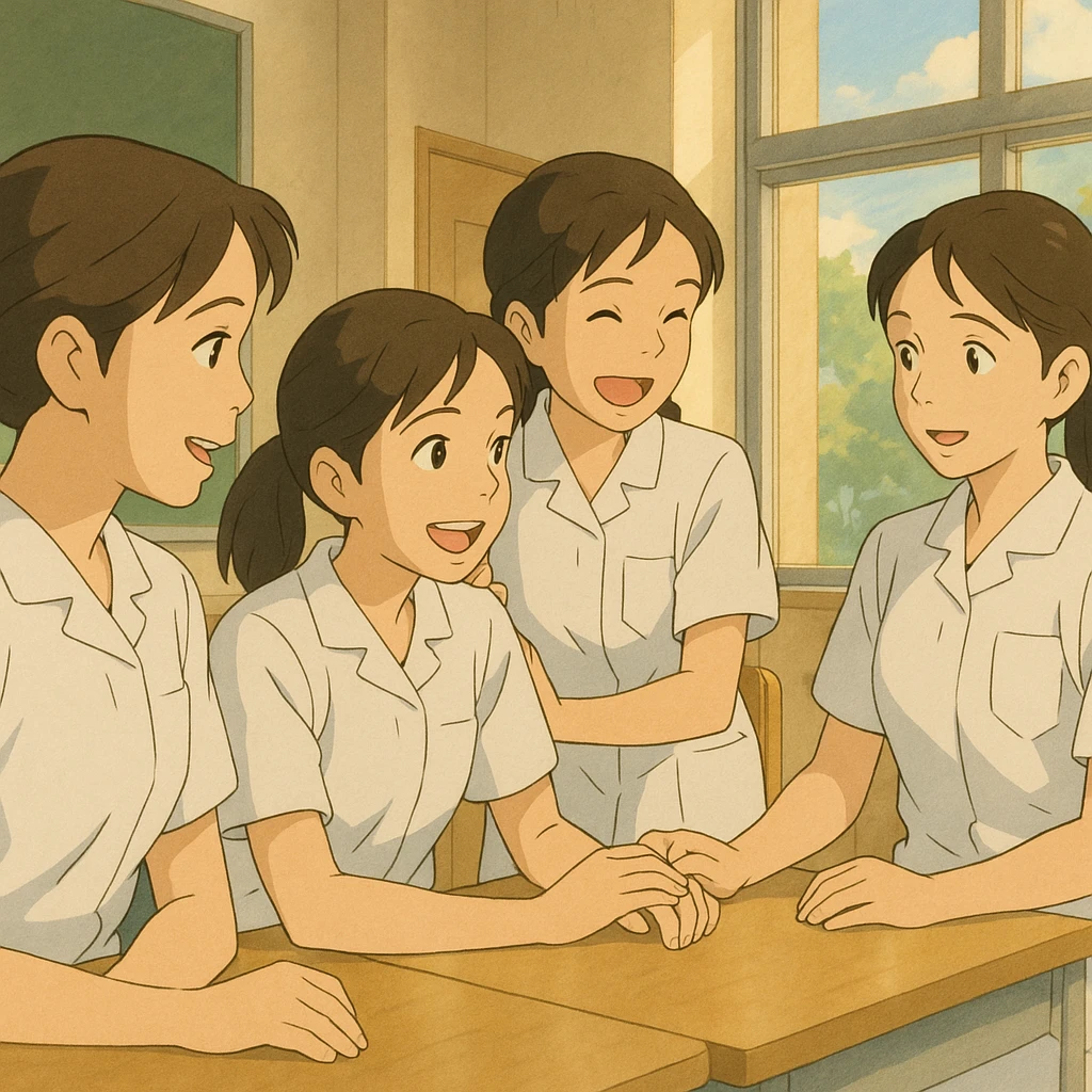 Scène Ghibli de quatre étudiants infirmiers en interaction, en intérieur, tenues blanches à manches courtes, tuniques médicales col en V, poche poitrine à gauche, sans pied de col ni stéthoscopes, avant-bras nus, cheveux longs attachés. Décor lumineux, ambiance collaborative. emoji