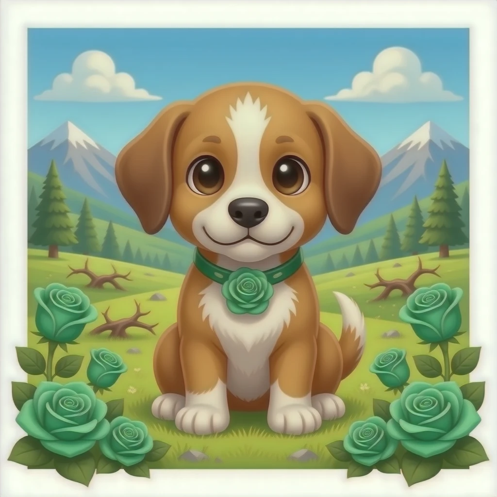 Cute Puppies with emerald green roses and valley of thorns emoji