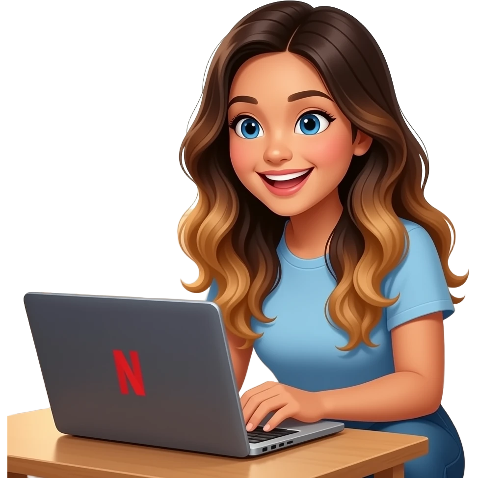 Beautiful Filipino girl beautiful eyes with long wavy hair balayage watching Netflix on laptop laughing emoji