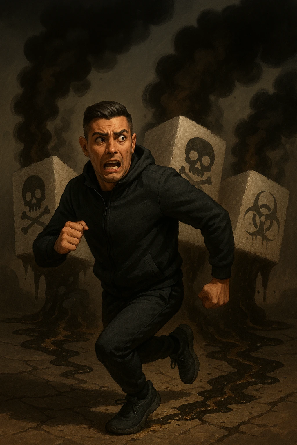 Create an image of a man in his thirties inspired by the face in the reference photo, fleeing with a scared expression. He is running away from huge stylized sugar cubes depicted as toxic, with dark halos, poison symbols like skulls, and black smoke. On the ground, there are traces of sugar melting and corroding whatever they touch. The man appears determined to escape, dressed in sporty or casual clothes. The atmosphere is dark but dynamic, with strong symbolism of sugar as a harmful substance. emoji
