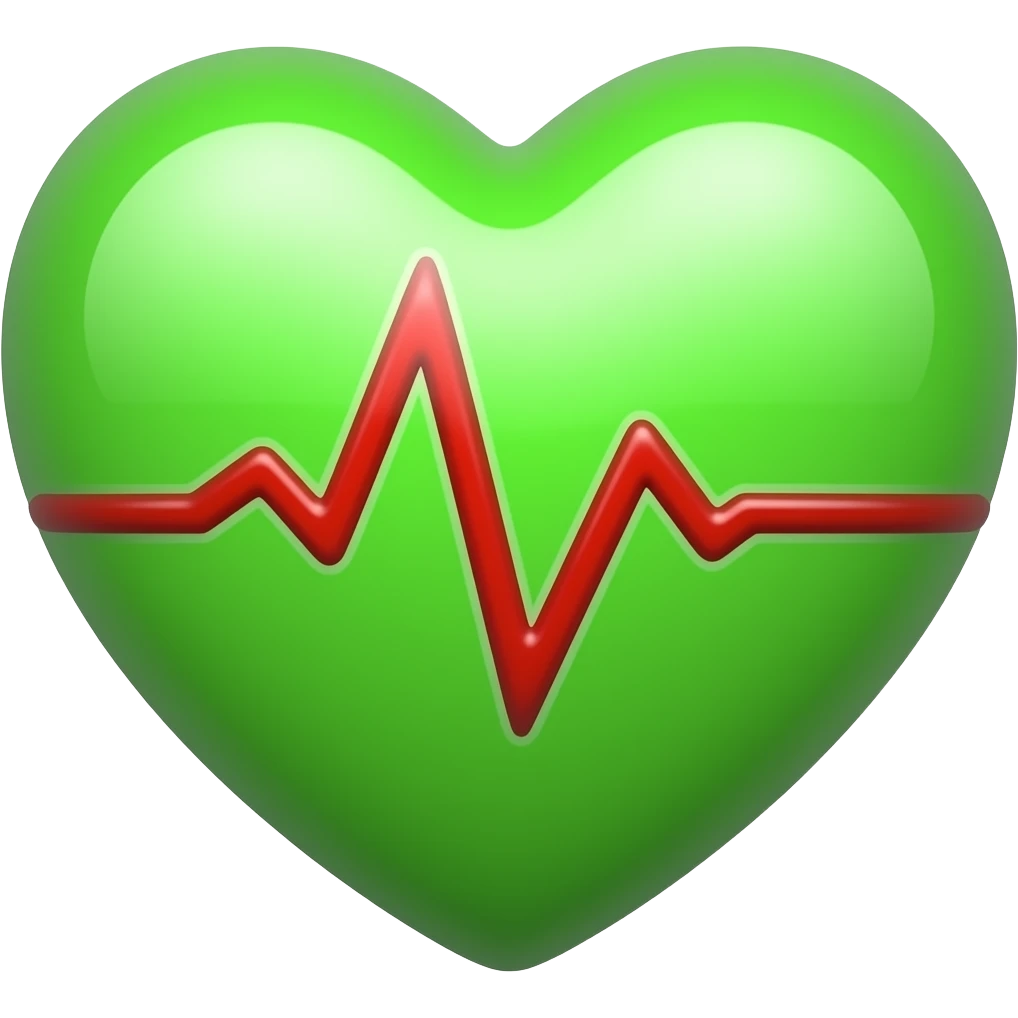 cute emoji style, green heart icon, smooth glossy surface, bright green gradient, centered red pulse line (heartbeat waveform) across the middle of the heart, clean and simple design, soft highlights, rounded shapes, minimalistic, vector style, centered composition, isolated, transparent background emoji