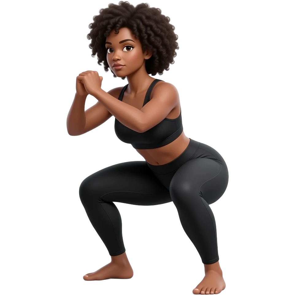 Light-brown Black woman, afro hair, wearing black sports bra and leggings, performing SUMO SQUAS , full body, toned glutes and legs, strong posture, realistic fitness style, clean background, soft lighting. emoji