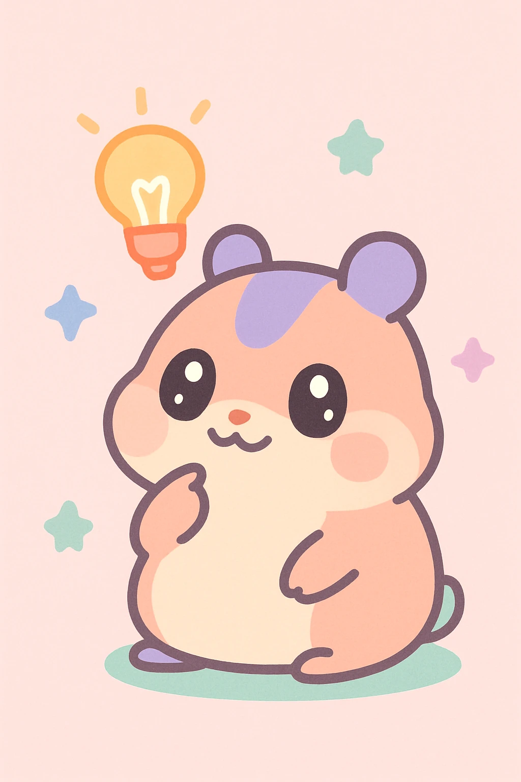 whimsical hamster with big eyes, pondering, with a bright idea lightbulb, kawaii illustration emoji
